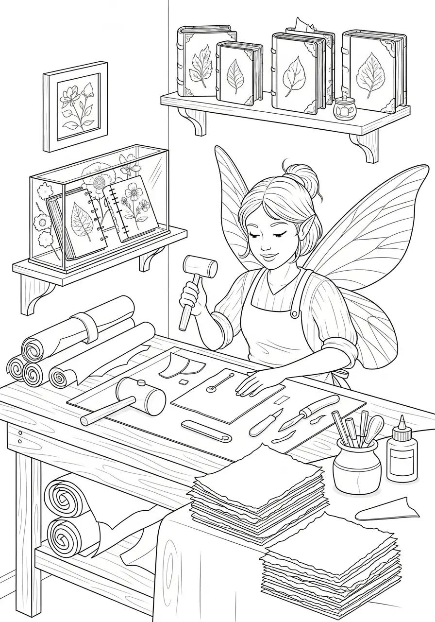 Fairy Bookbinding Workshop Coloring Page