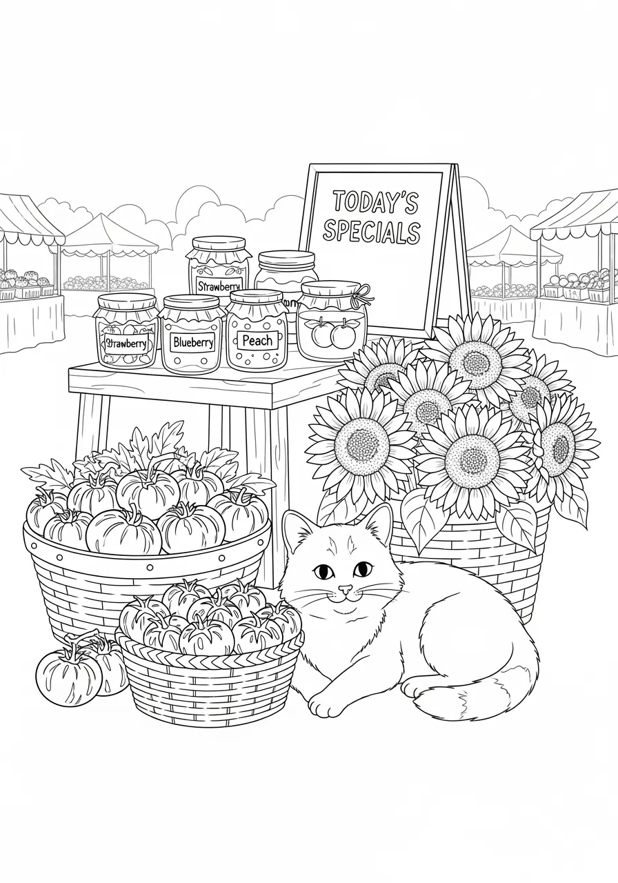 Farmers Market Cat Coloring Page For Adults