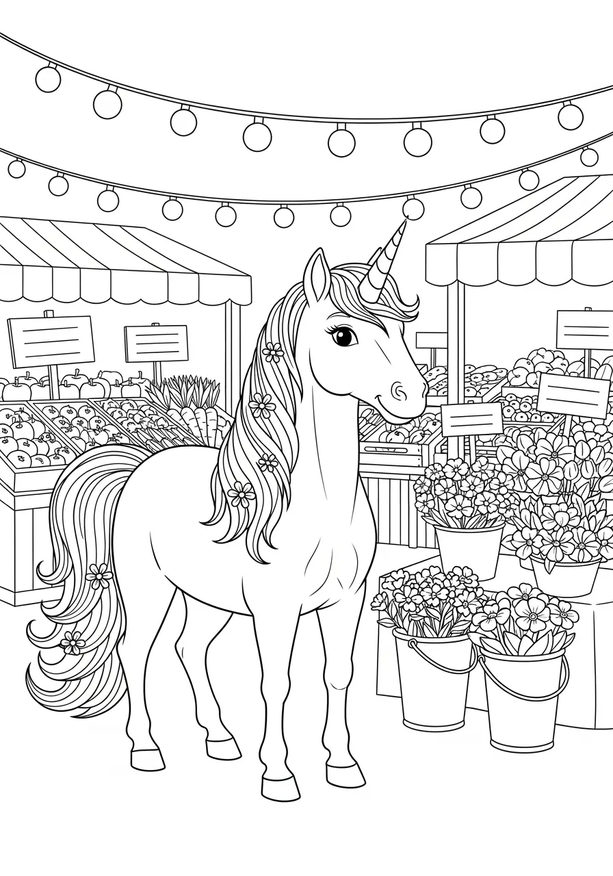 Farmers Market Unicorn Coloring Page