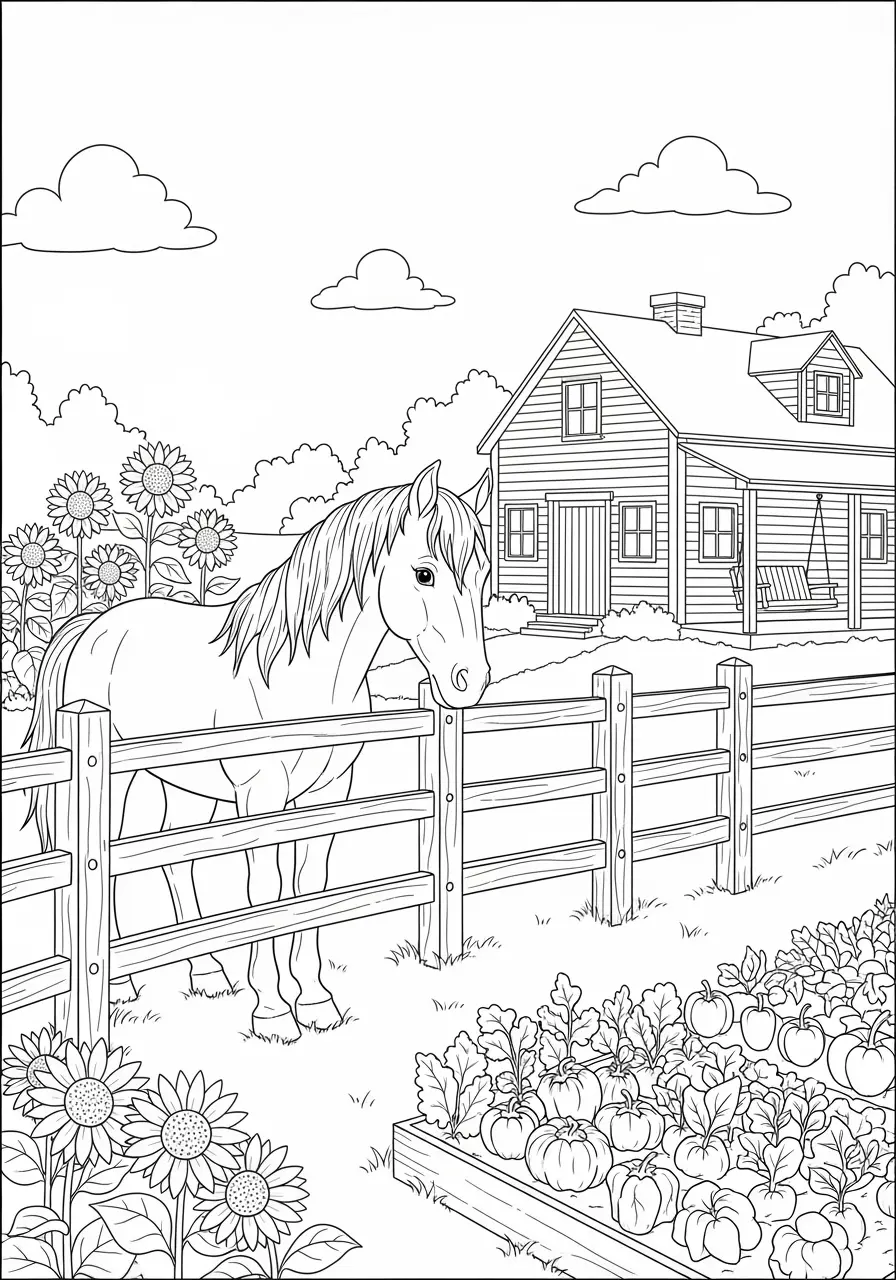 Farmhouse Horse Coloring Page