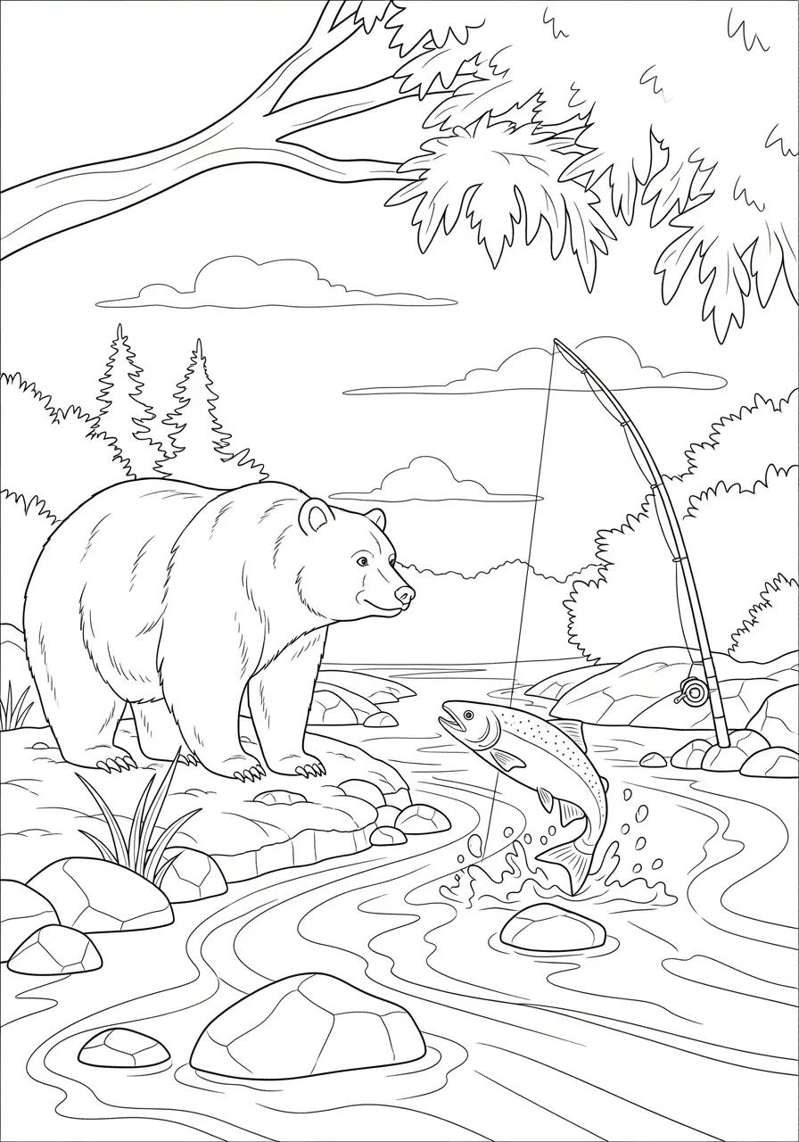 Fishing Bear Coloring Page for Adults