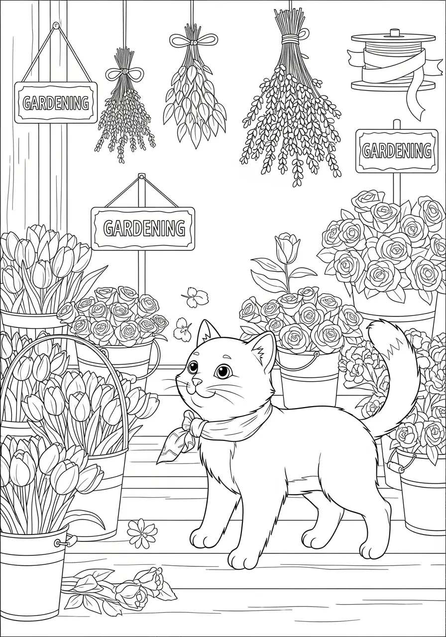 Flower Shop Cat Coloring Page For Adults