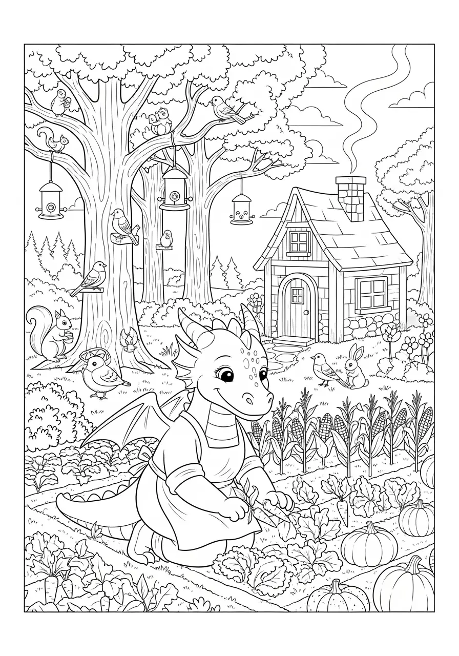 Forest Cottage Dragon Coloring Page