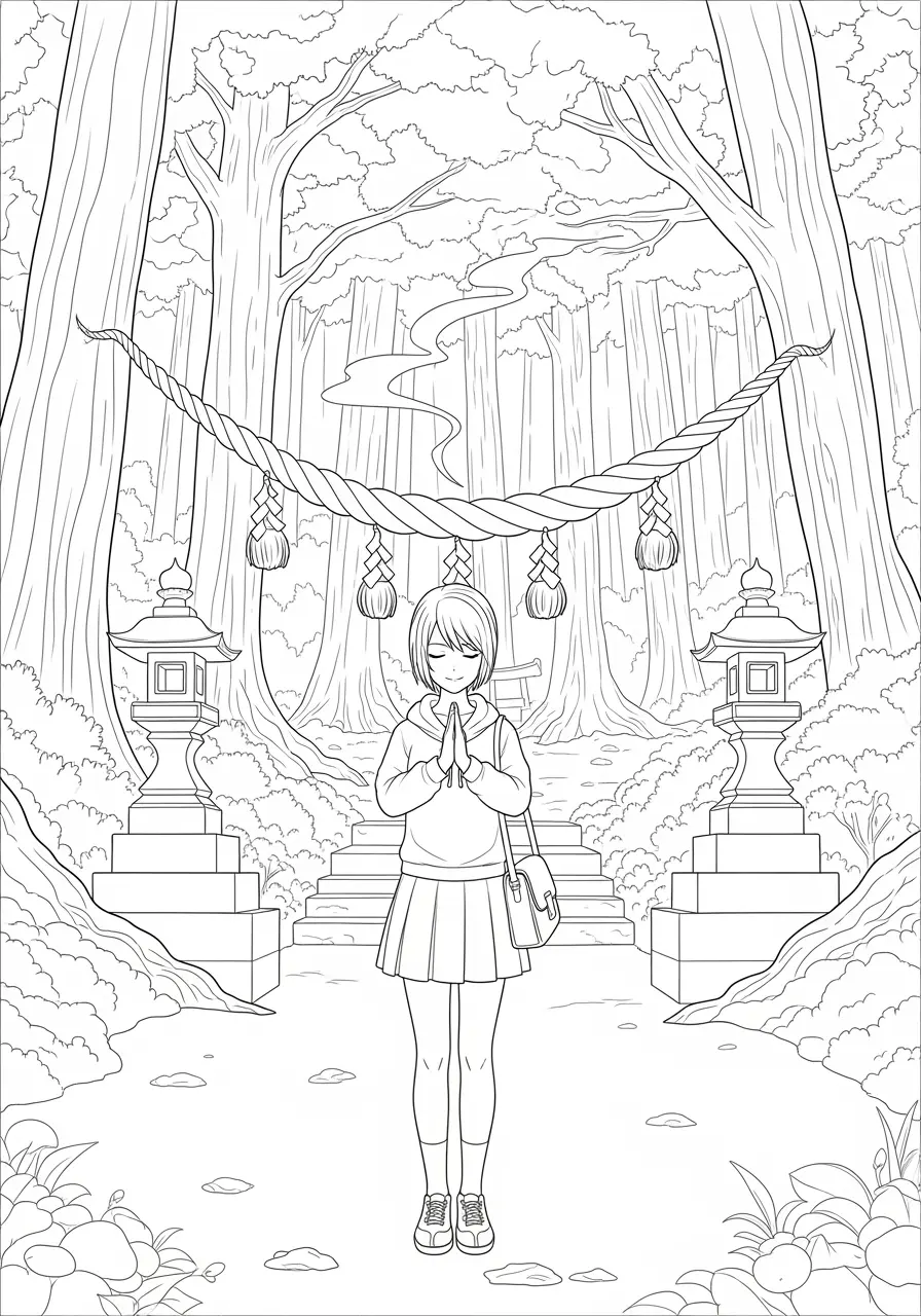 Forest Shrine Visit Anime Coloring Page