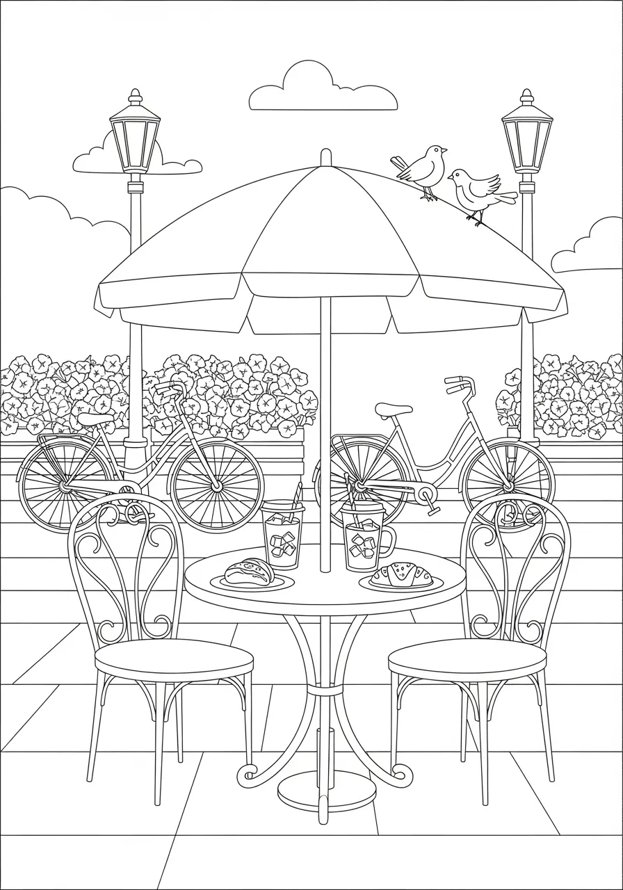 Freiluftcafé-Sommer-Ausmalbild