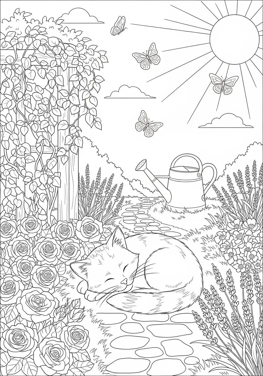 Garden Cat Coloring Page For Adults