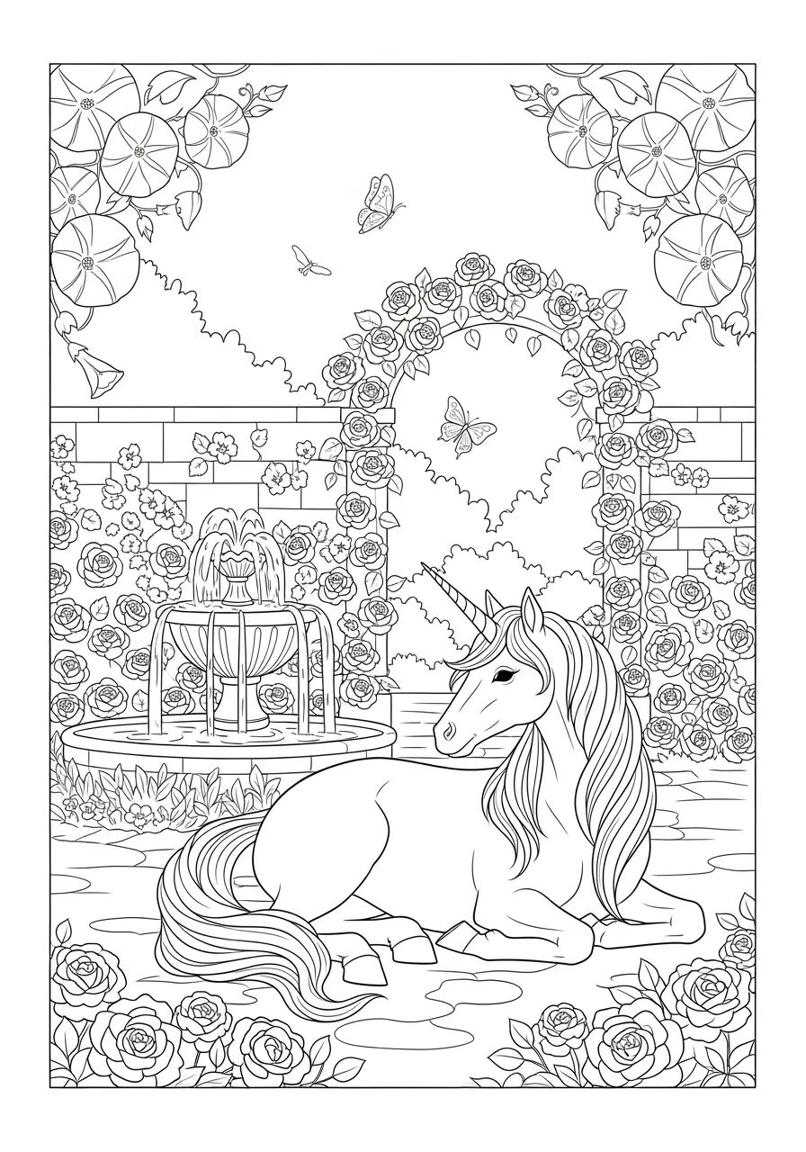Garden Sanctuary Unicorn Coloring Page