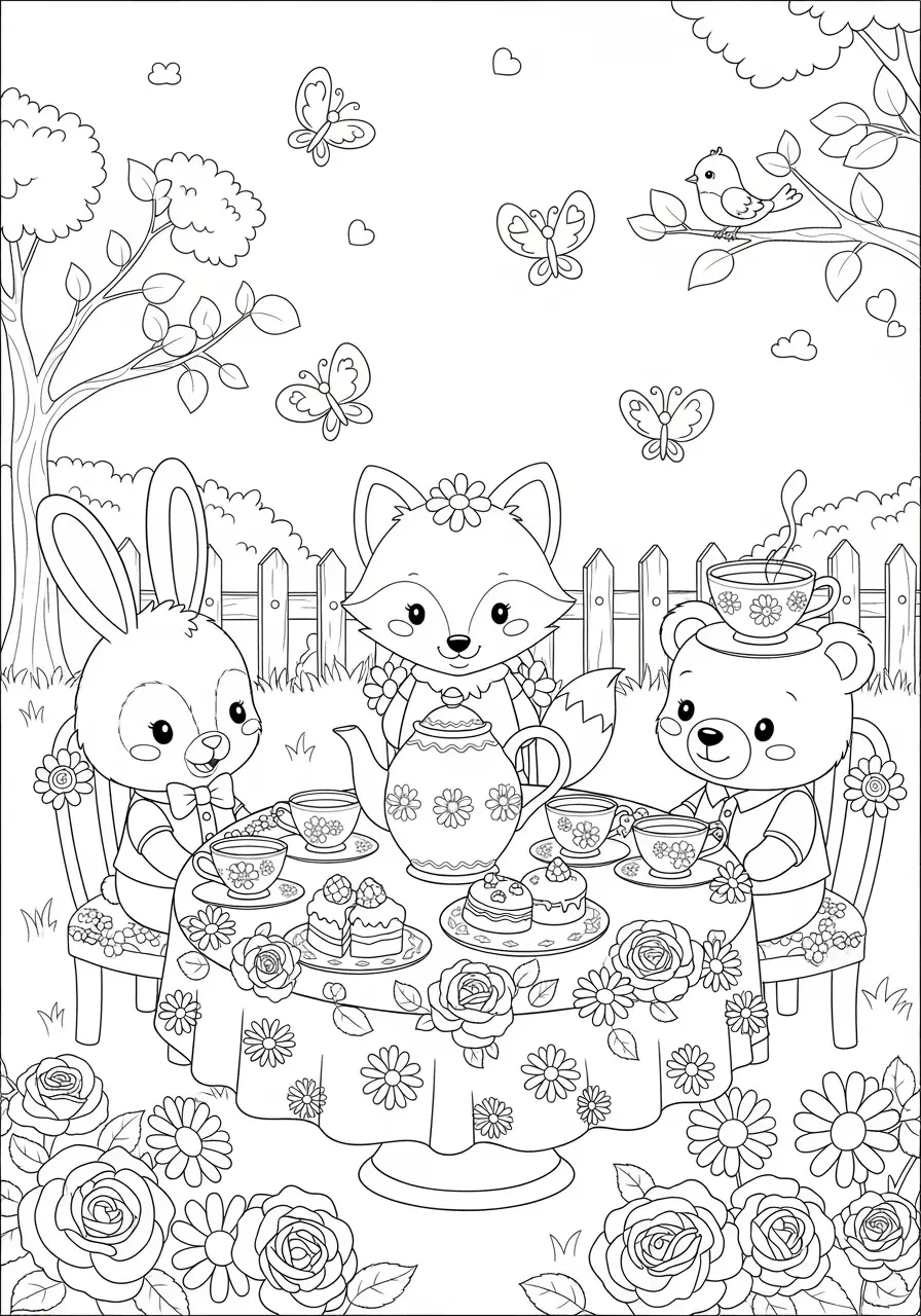Garden Tea Party Cartoon Coloring Page