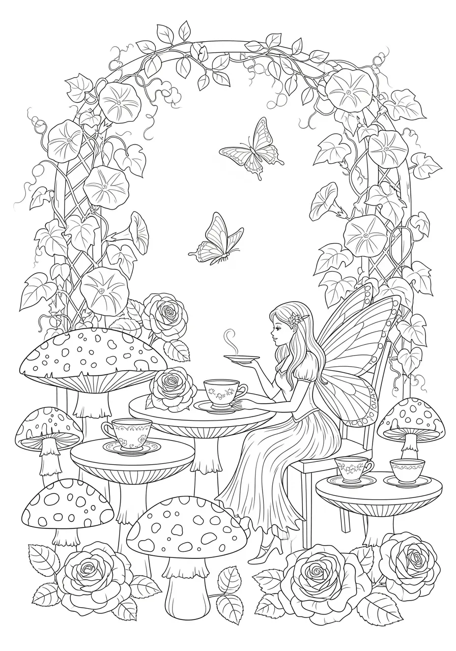 Garden Tea Party Fairy Coloring Page