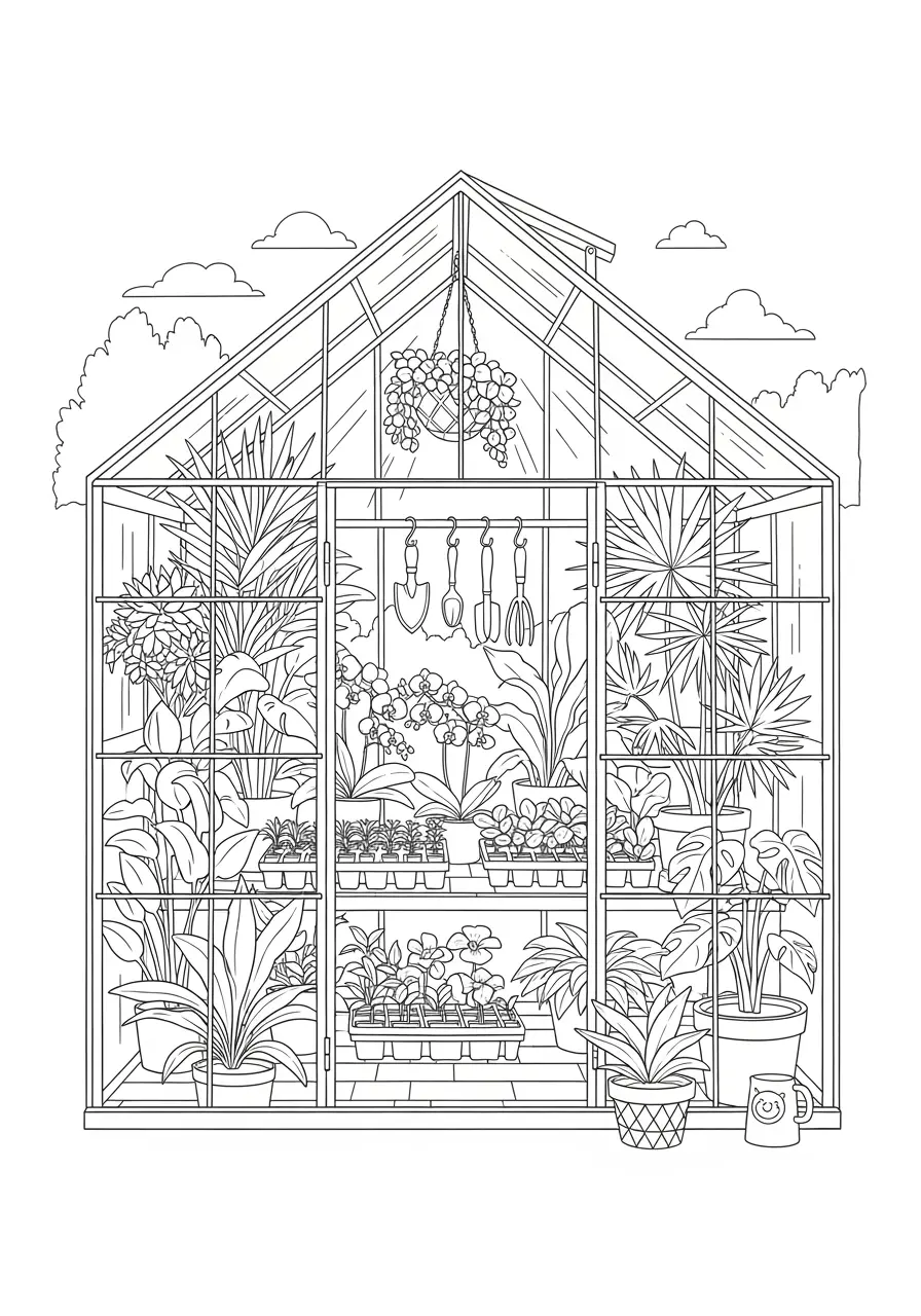 Garten-Gewächshaus-Ausmalbild für Erwachsene