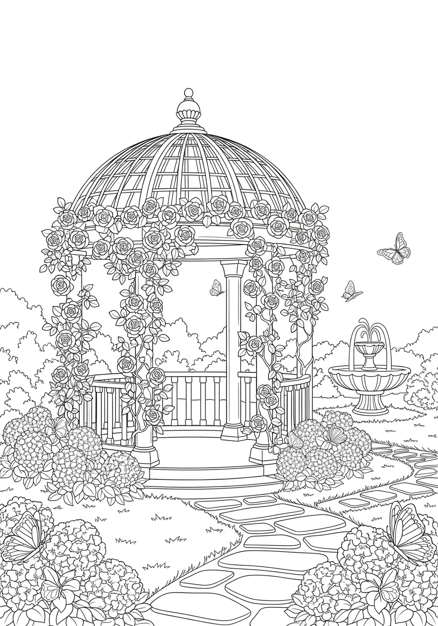 Garten-Pavillon-Sommer-Ausmalbild