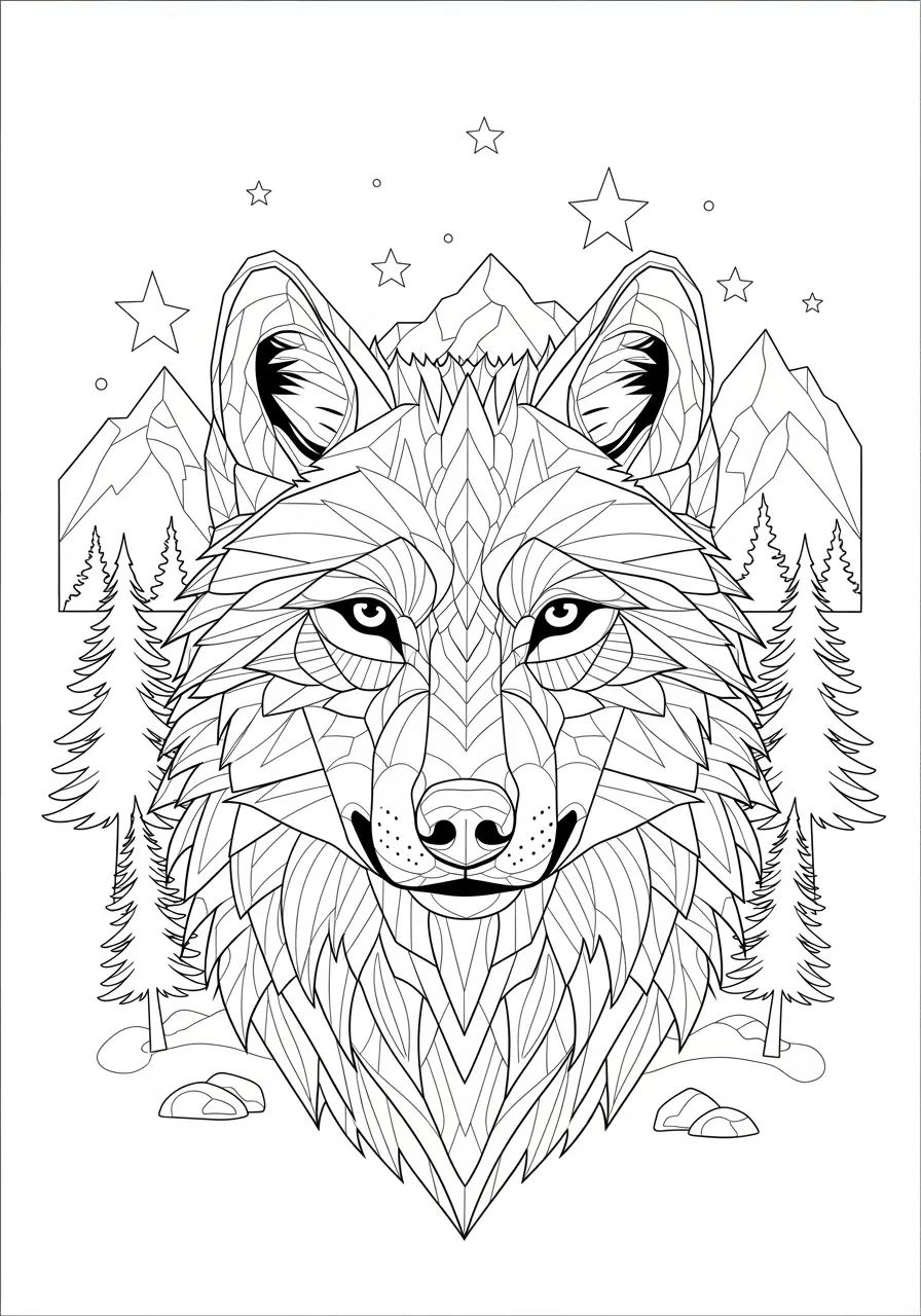 Geometric Wolf Portrait Tattoo Coloring Page