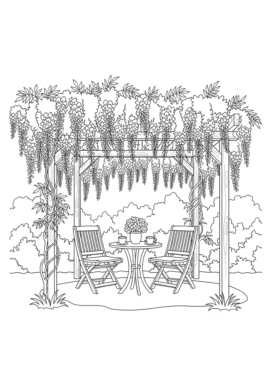 Glyzinien-Pergola-Blumen-Ausmalbild