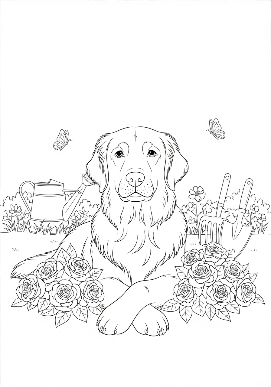 Golden Retriever Garden Dog Coloring Page