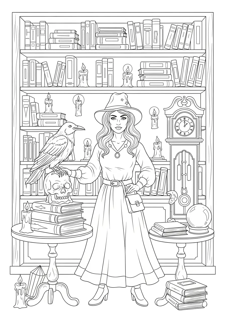 Gothic Bookshop Creepy Coloring Page