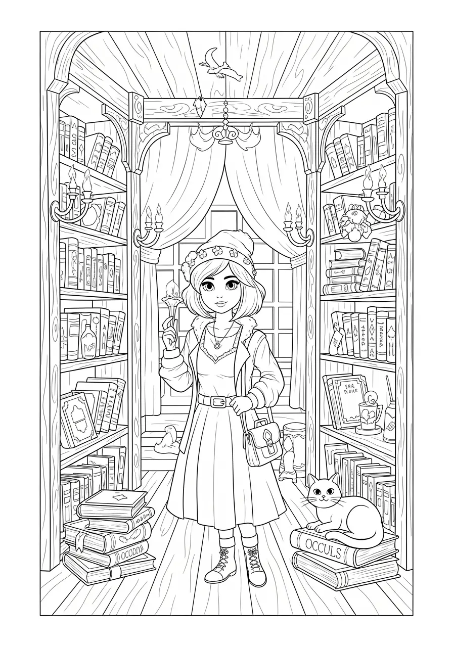 Gothic Bookstore Scary Coloring Page