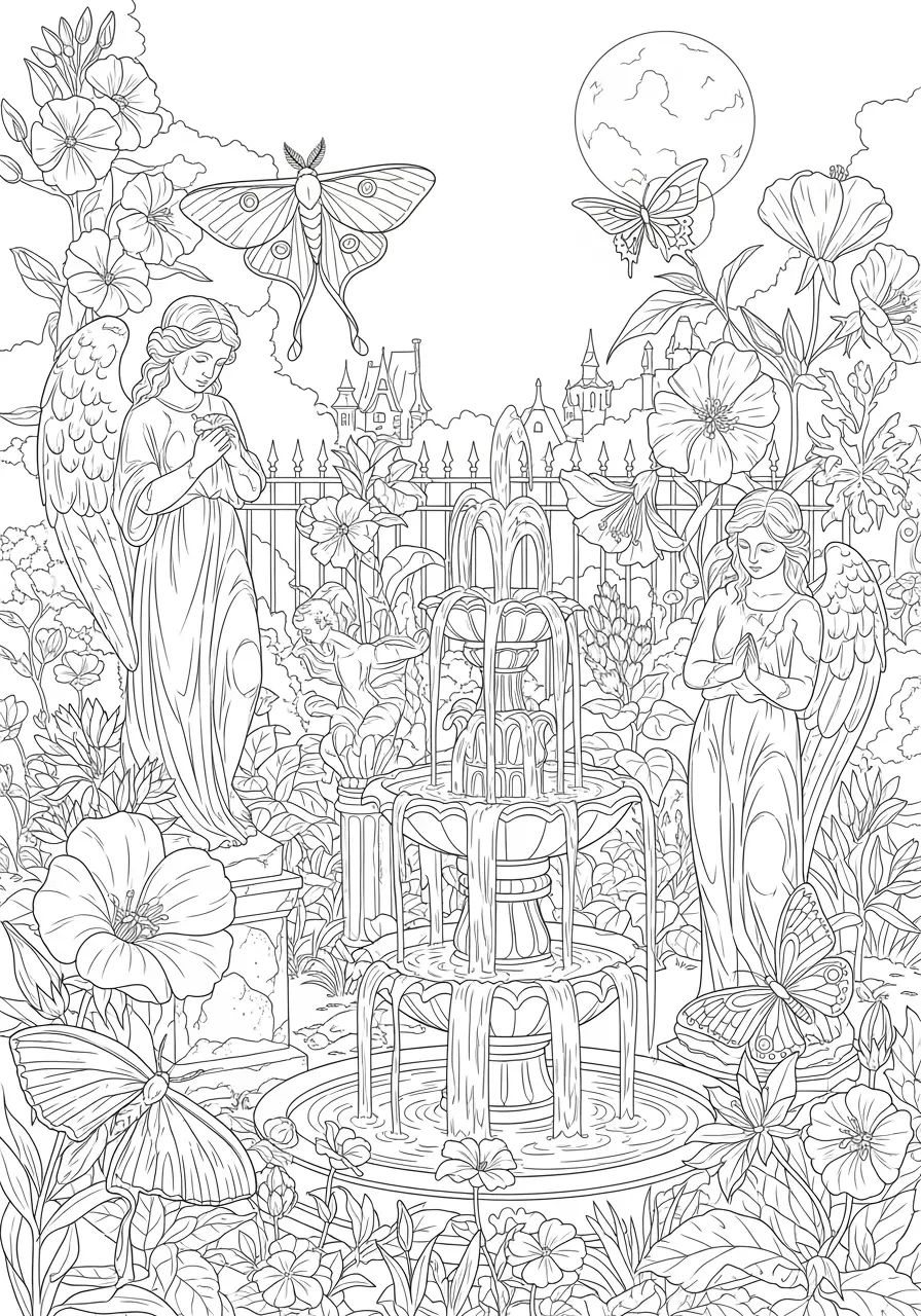 Gothic Butterfly Garden Dark Fantasy Coloring Page