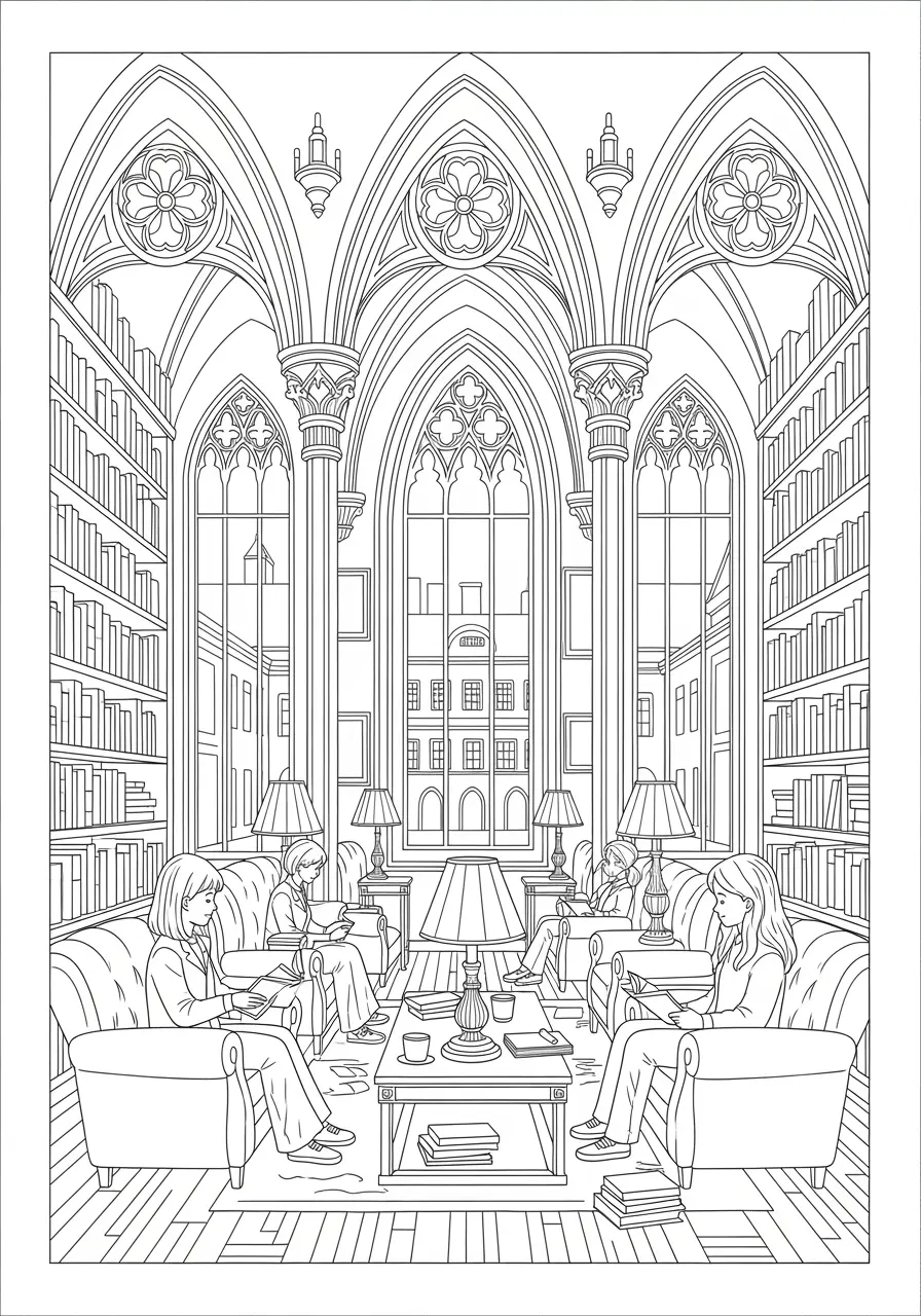 Gothic Library Reading Room Coloring Page