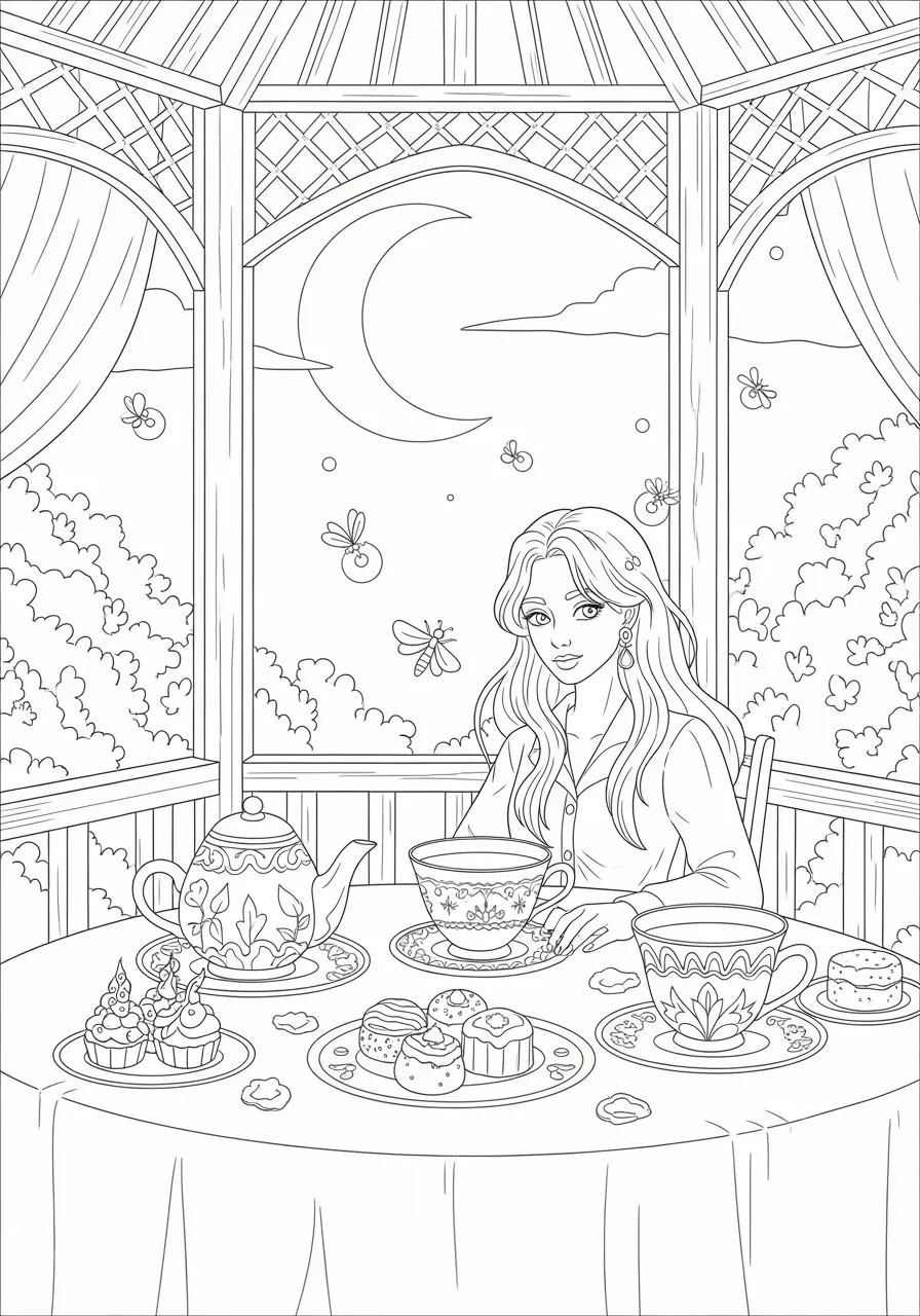 Gothic Tea Party Dark Fantasy Coloring Page