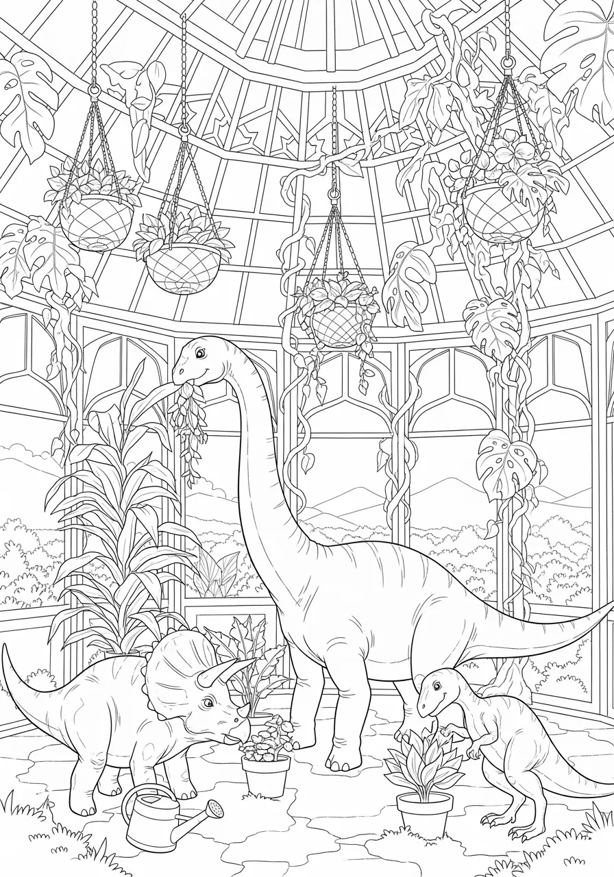 Greenhouse Dinosaur Coloring Page Adults