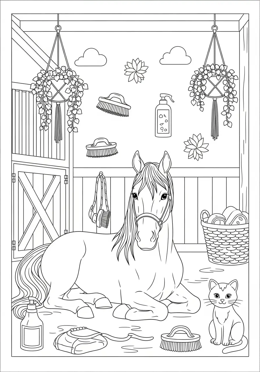 Grooming Time Horse Coloring Page