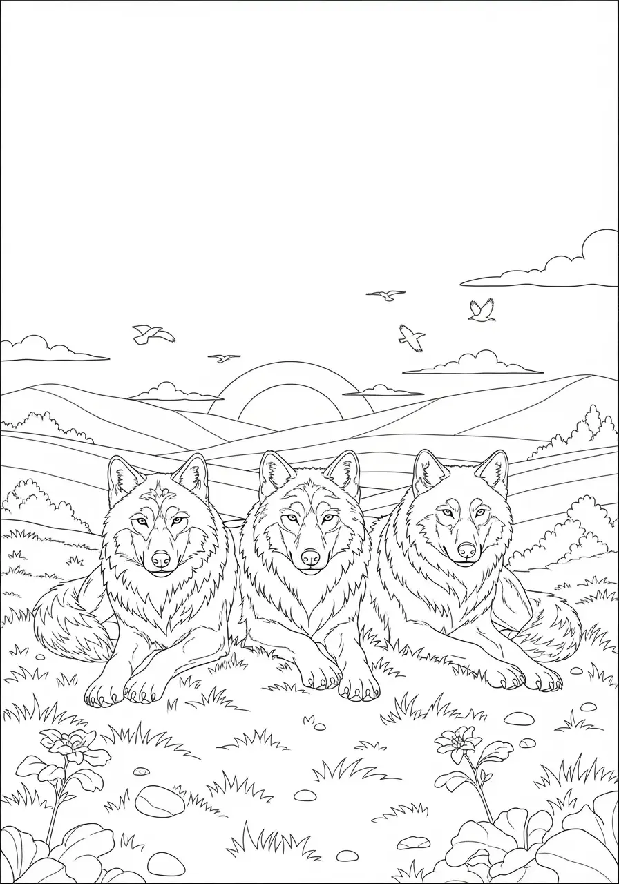 Harmonisches Wolfsrudel-Ausmalbild