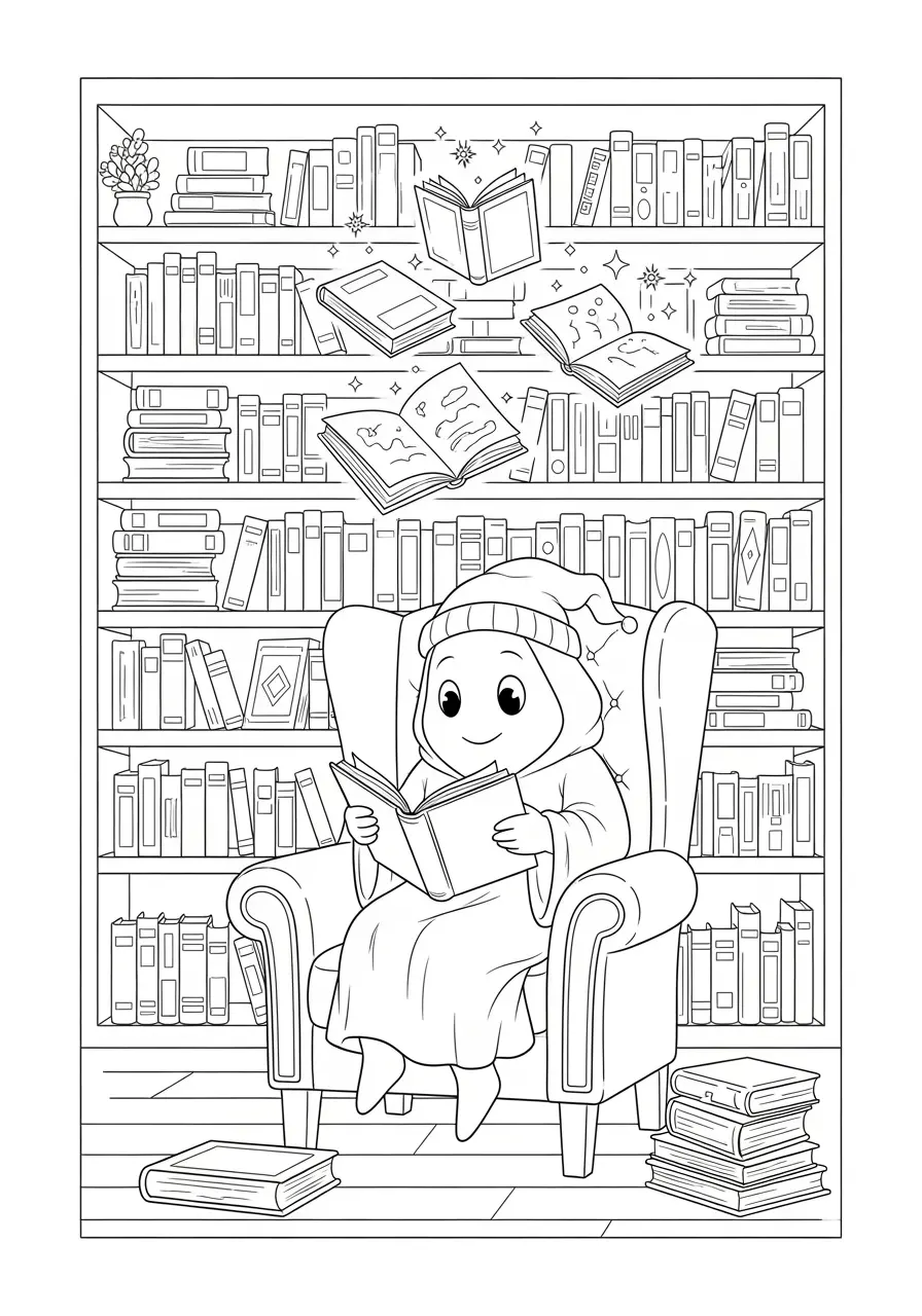 Haunted Library Scary Coloring Page