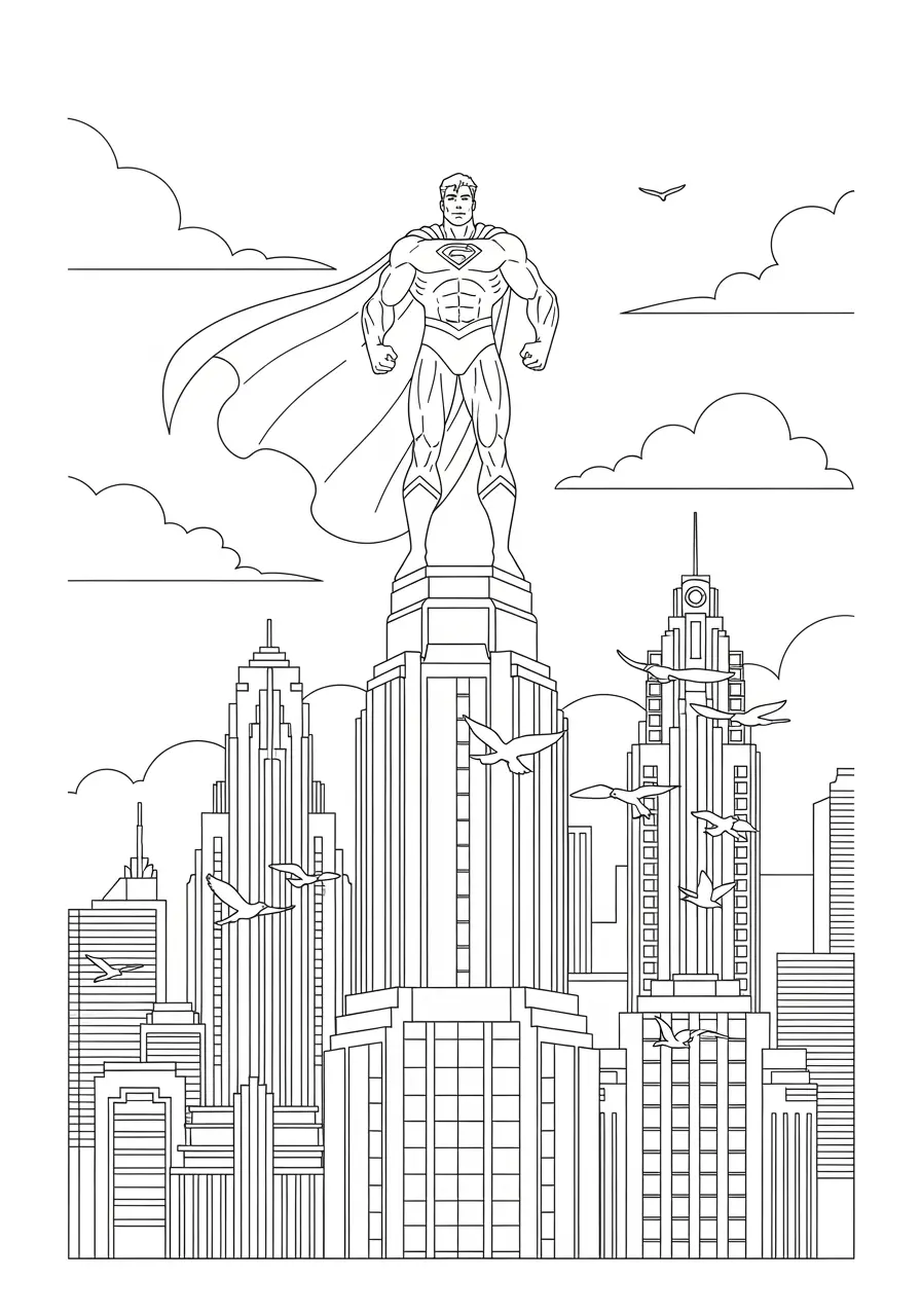 Heroic City Skyline Coloring Page