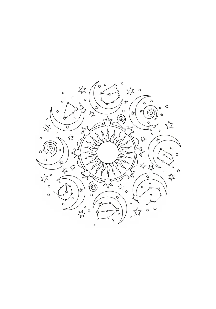 Himmlisches Mond-Mandala-Ausmalbild