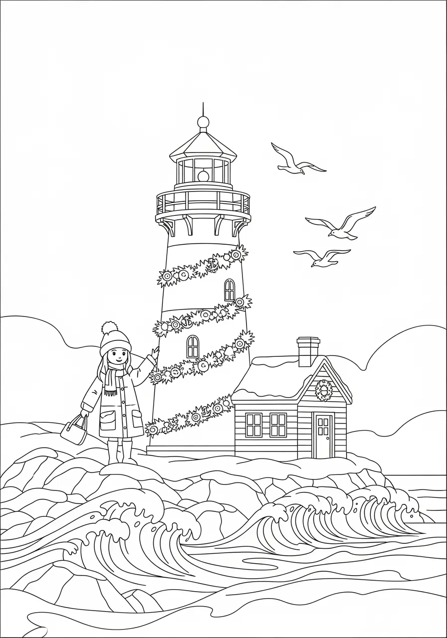 Holiday Lighthouse Christmas Coloring Page