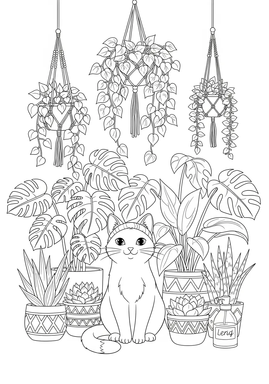 Houseplant Cat Coloring Page For Adults