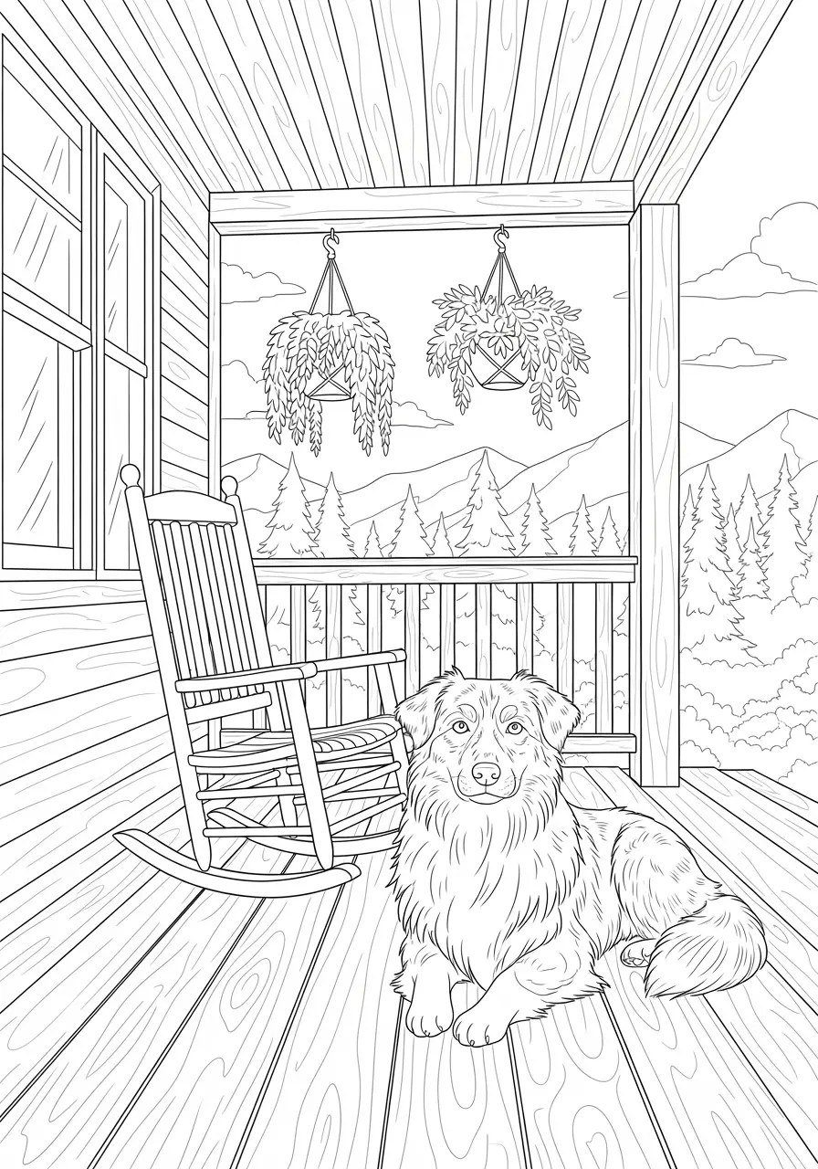 Hütten-Veranda Hunde-Ausmalbild