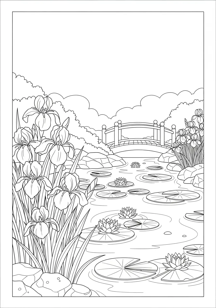 Iris Pond Flower Coloring Page