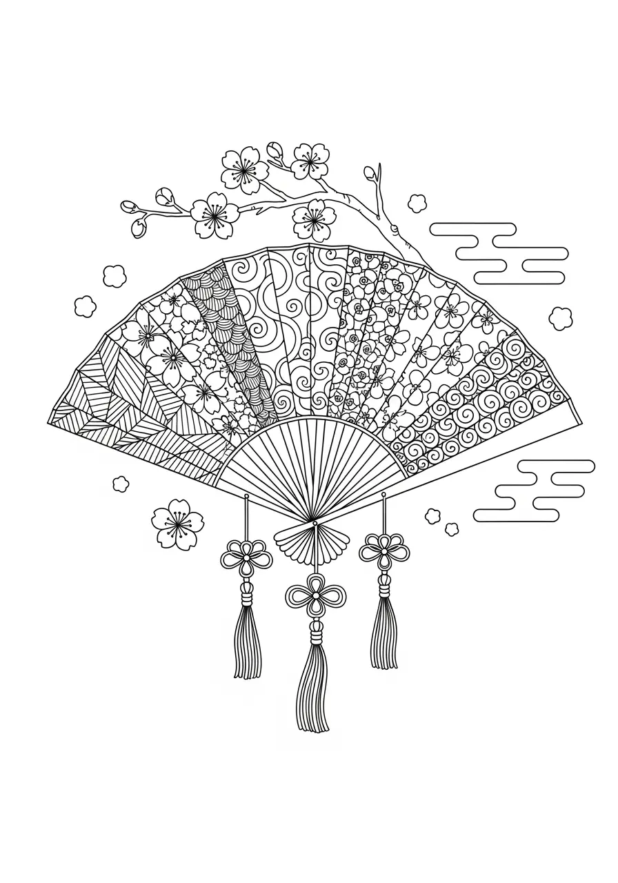 Japanese Fan Zentangle Coloring Page
