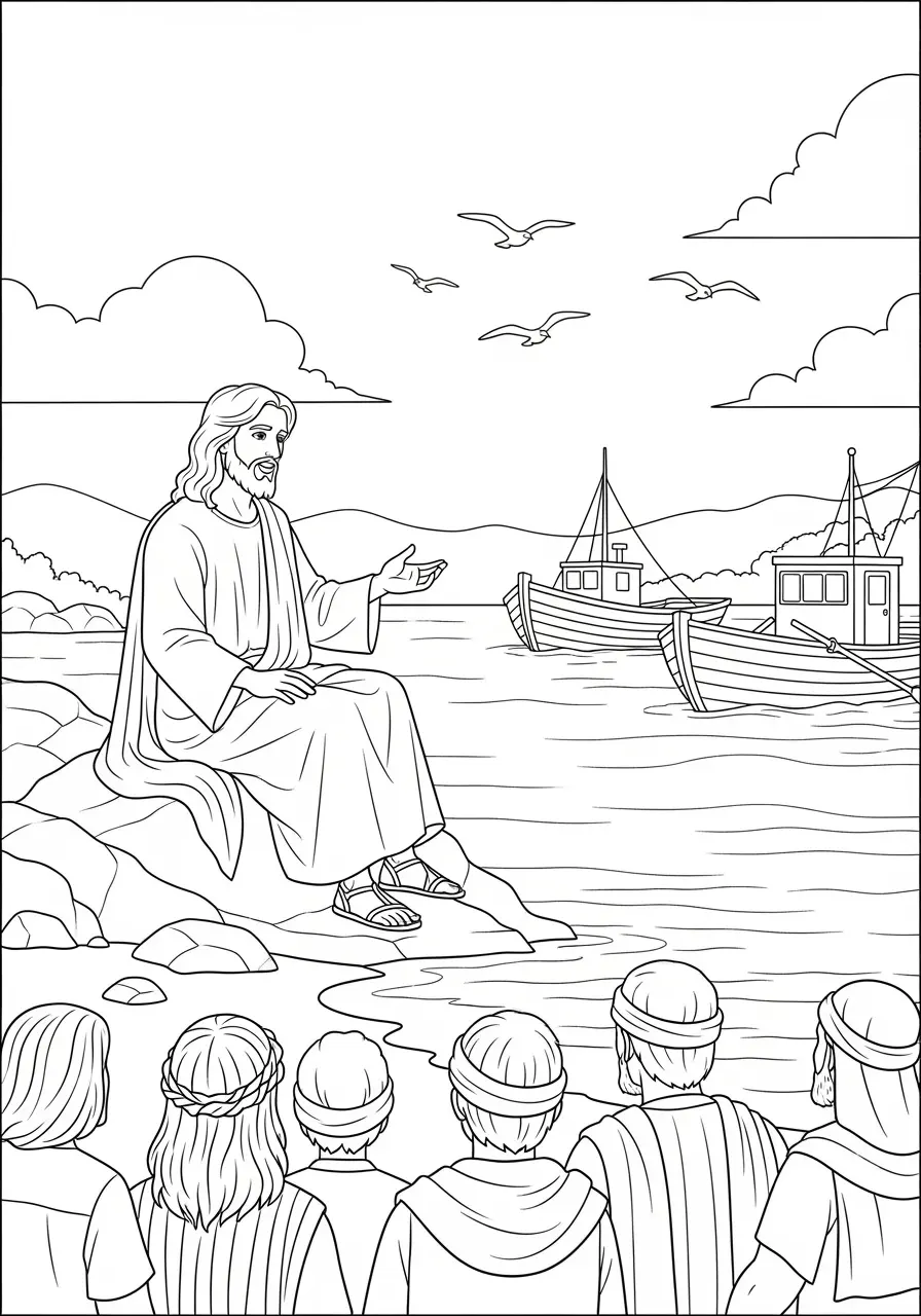 Jesus Teaching By The Sea Coloring Page