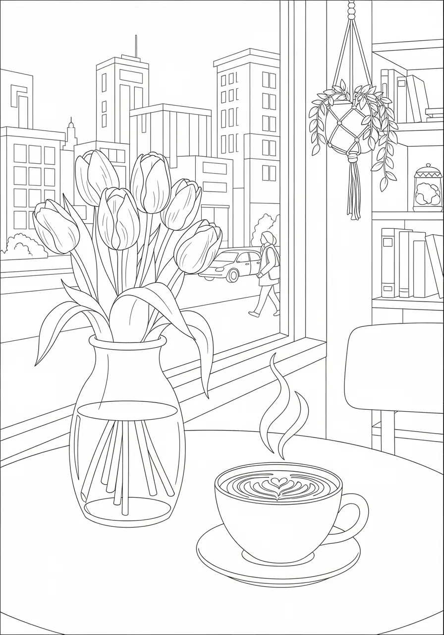 Kaffeehaus-Blumen-Ausmalbild