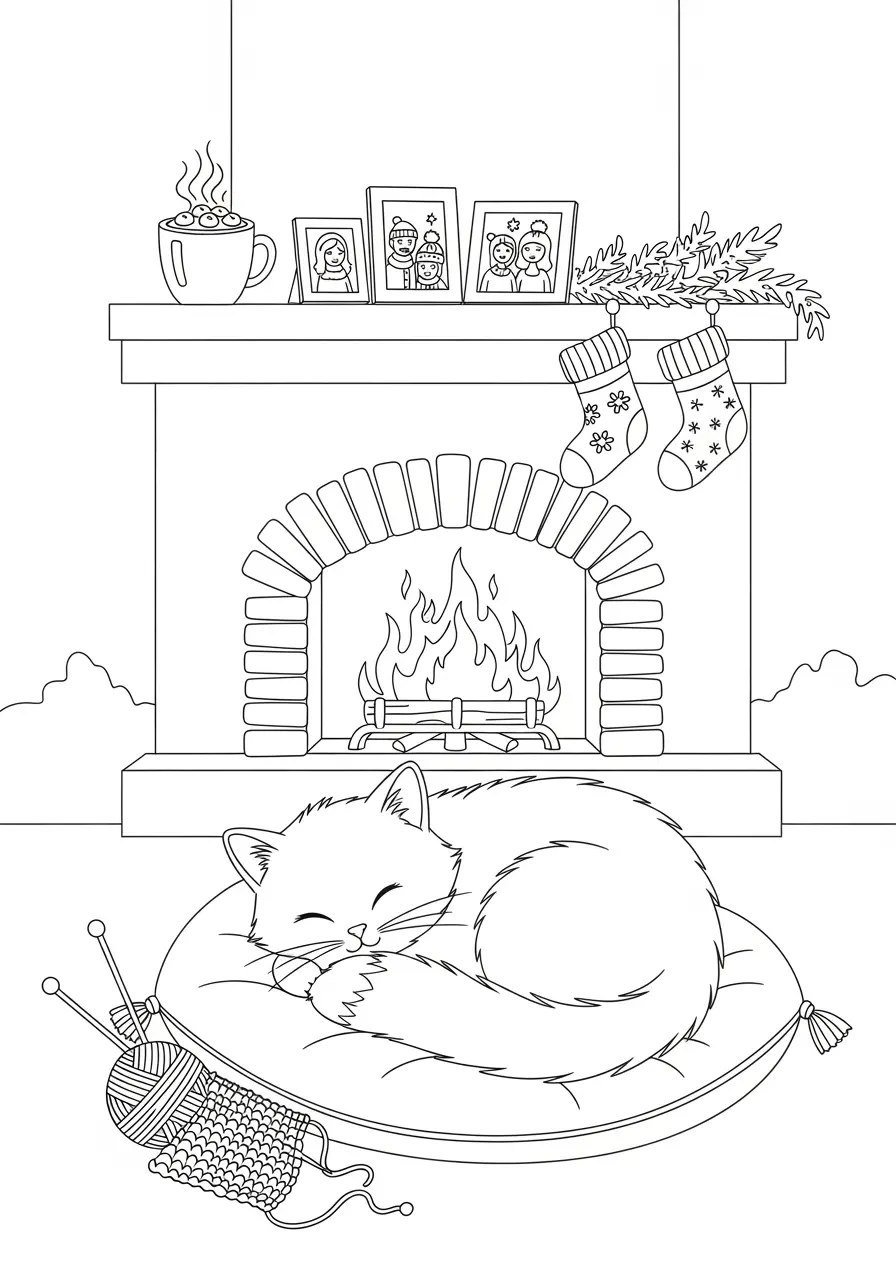 Kamin-Katzen-Ausmalbild für Erwachsene