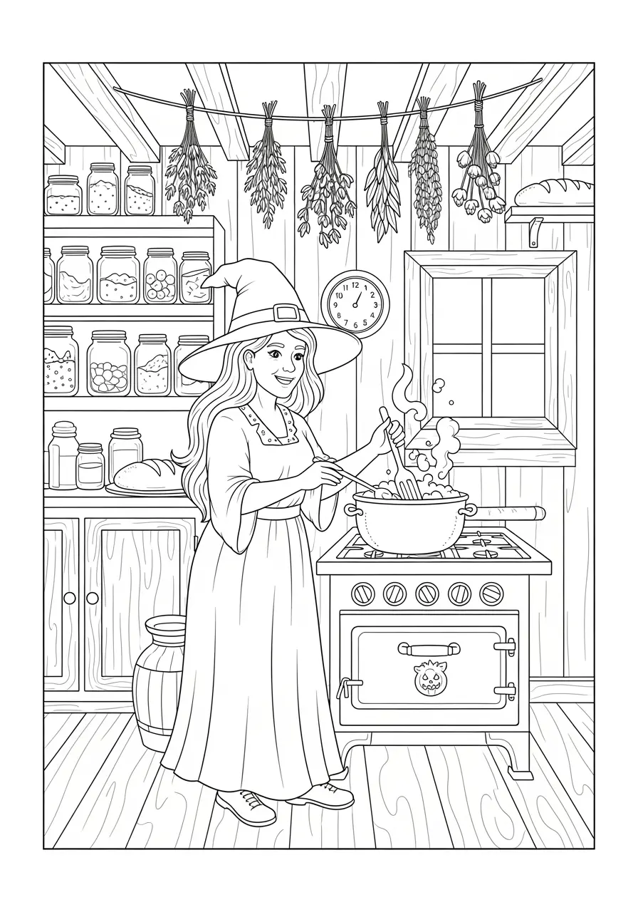 Küchenhexen-Ausmalbild für Erwachsene