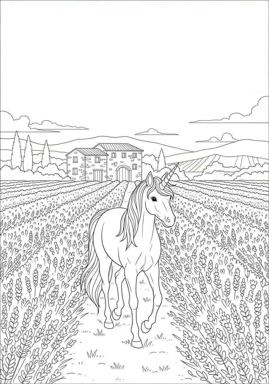 Lavender Field Unicorn Coloring Page