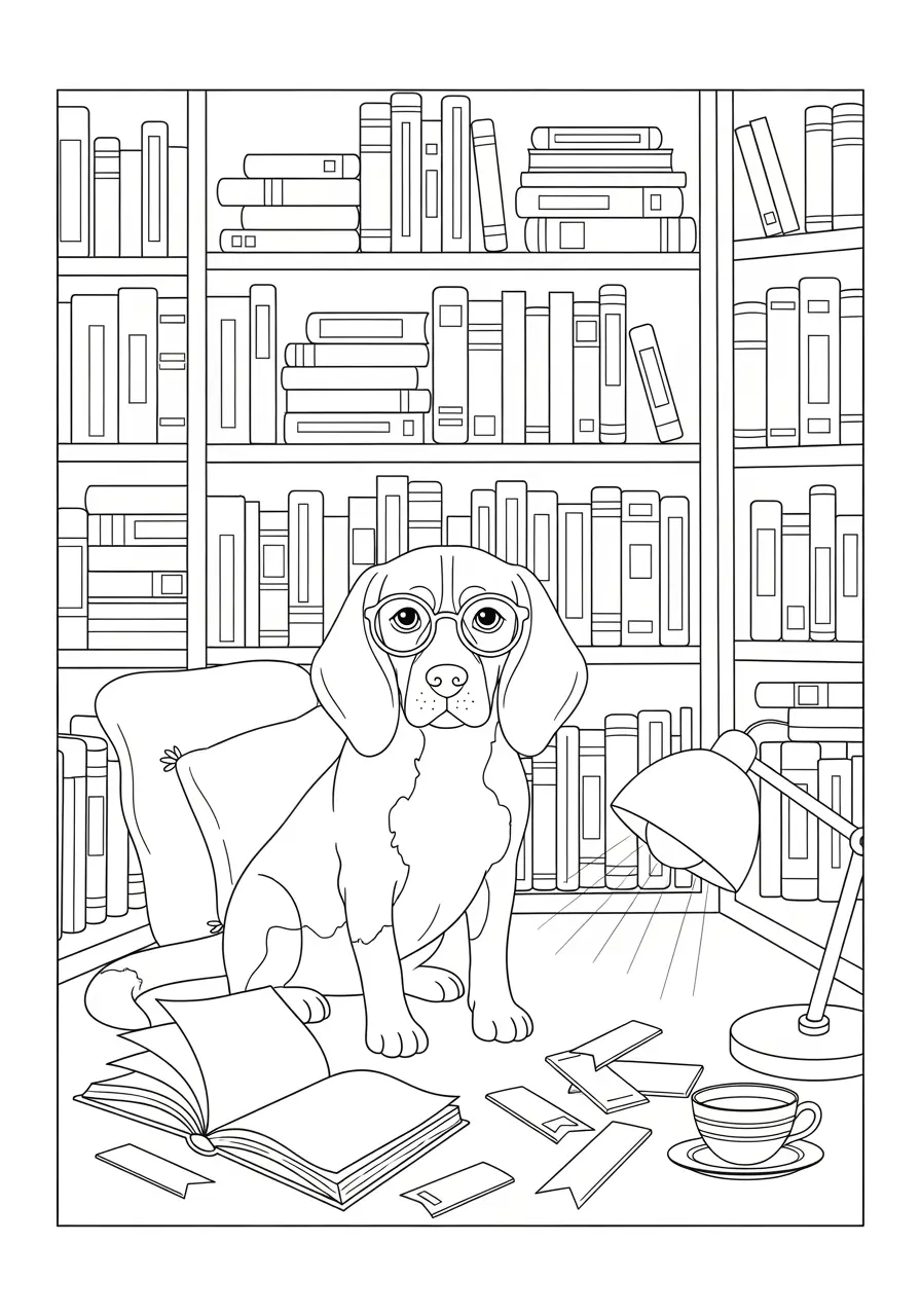 Library Beagle Dog Coloring Page Adults