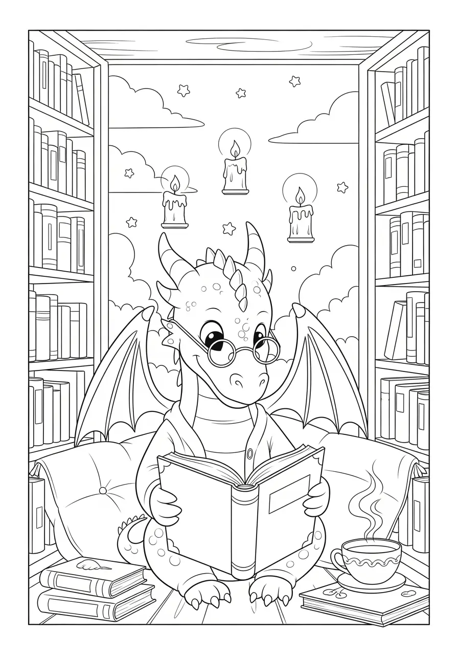 Library Dragon Coloring Page for Adults