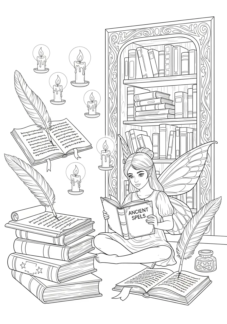 Library Fairy Coloring Page for Adults
