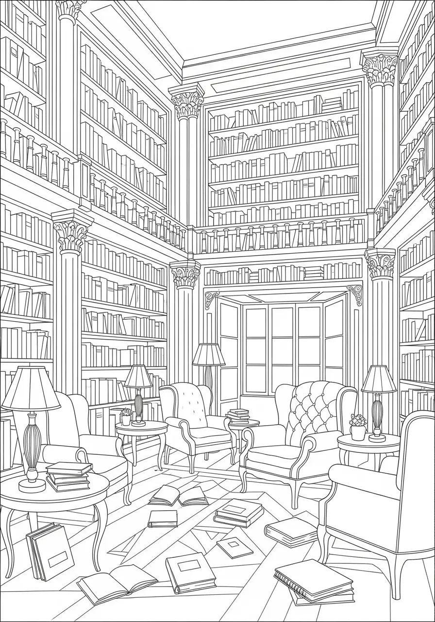 Library Haven Relaxation Coloring Page