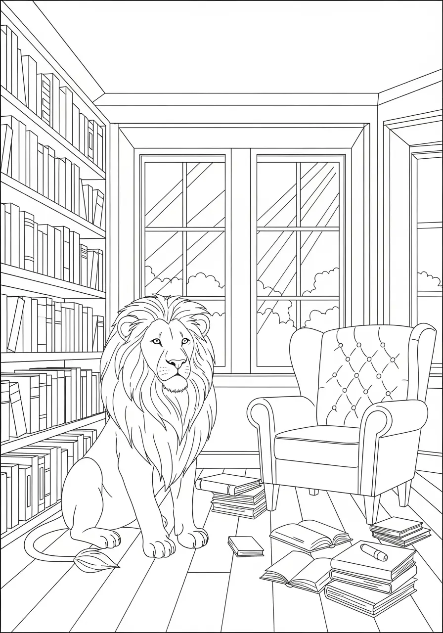Library Lion Coloring Page for Adults
