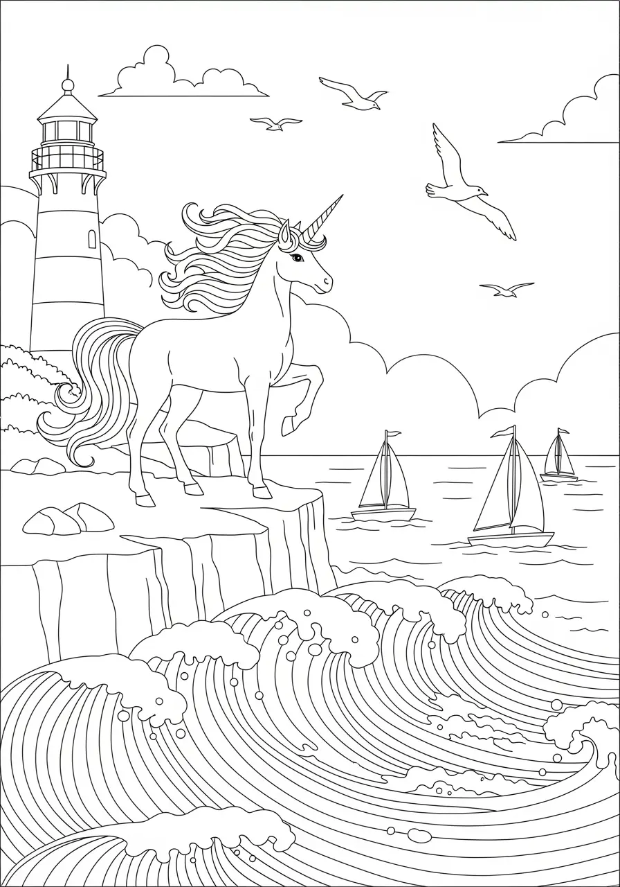 Lighthouse Cliff Unicorn Coloring Page