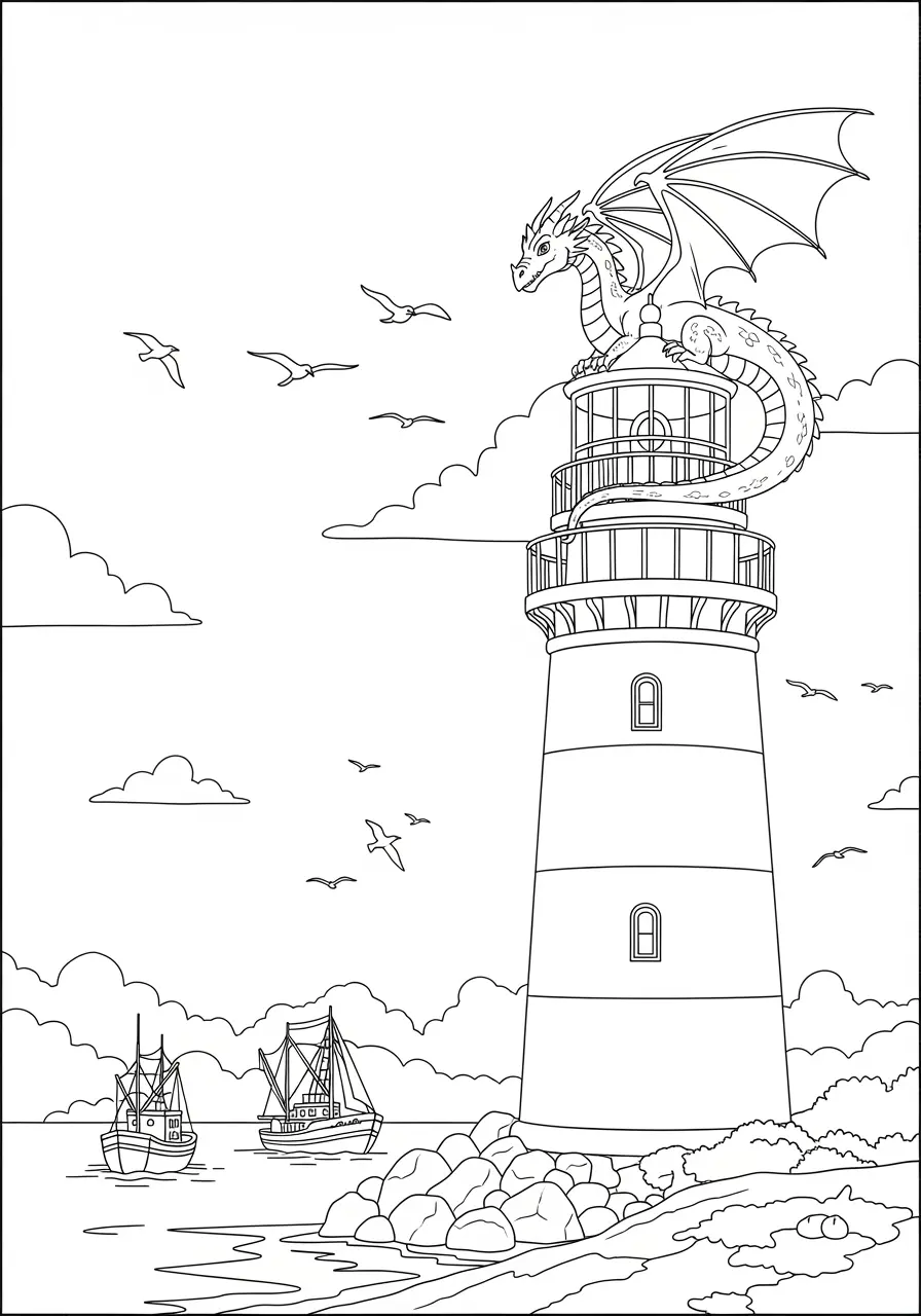 Lighthouse Dragon Coloring Page for Adults