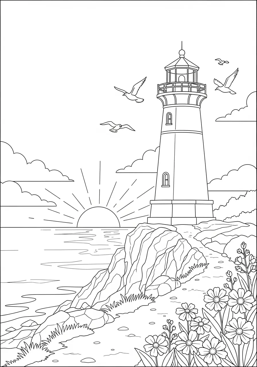 Lighthouse Sunset Ocean Coloring Page