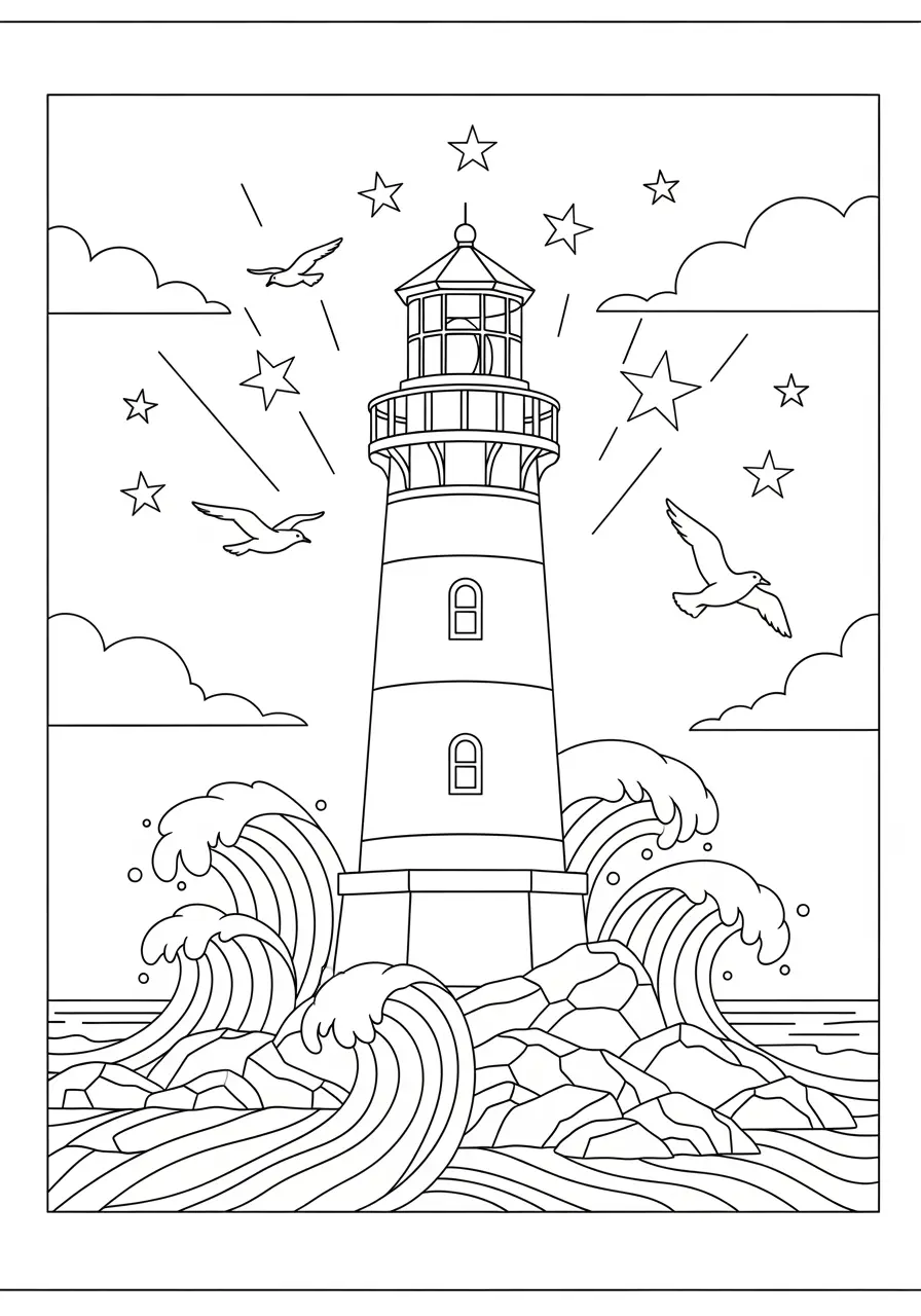 Lighthouse Waves Tattoo Coloring Page