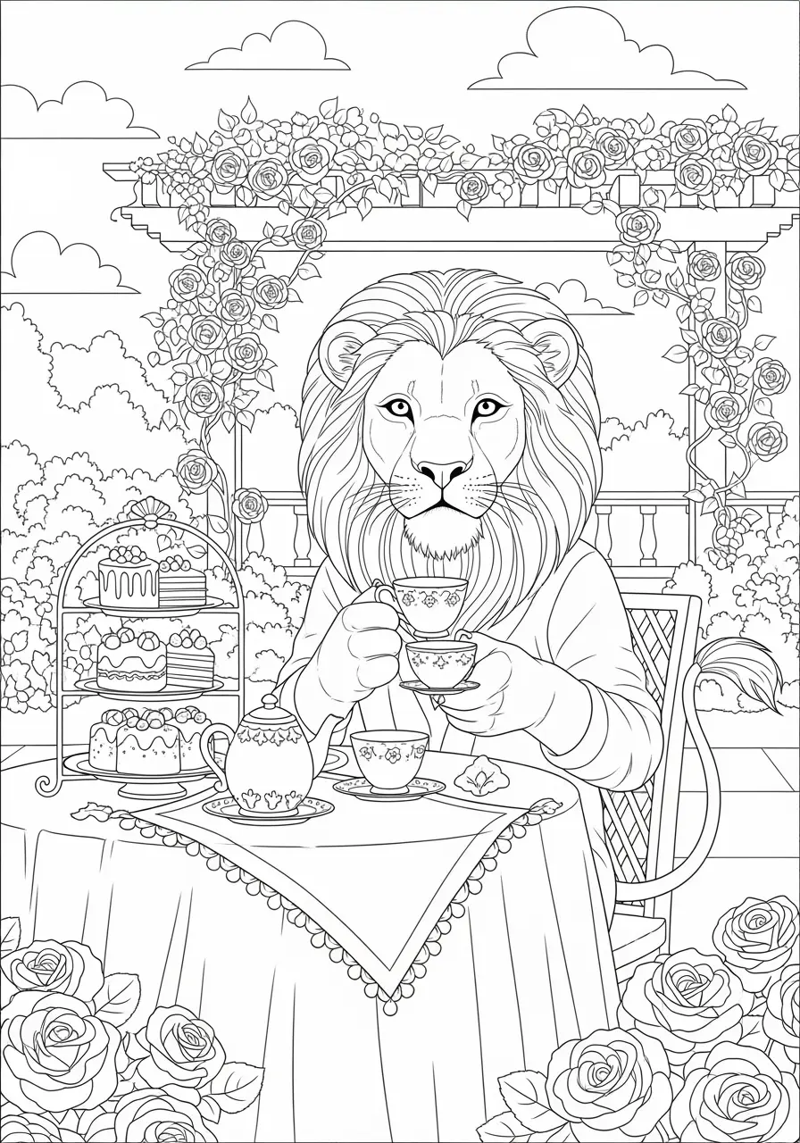 Lion at Tea Time Coloring Page for Adults