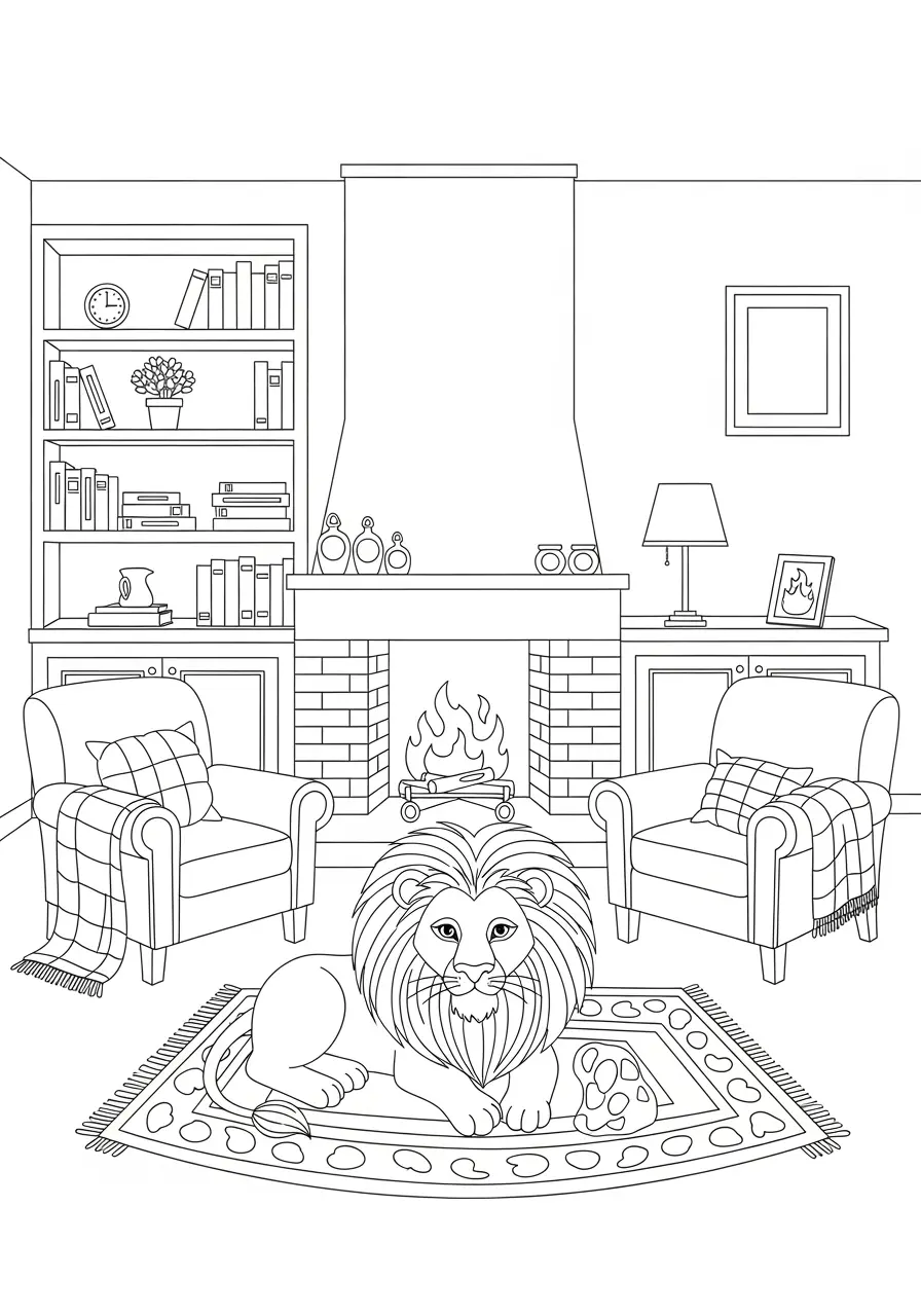 Lion by the Fireplace Coloring Page